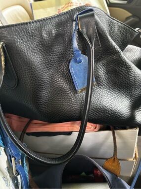 Cole Hahn Classic Black Leather Tote with Blue Accent